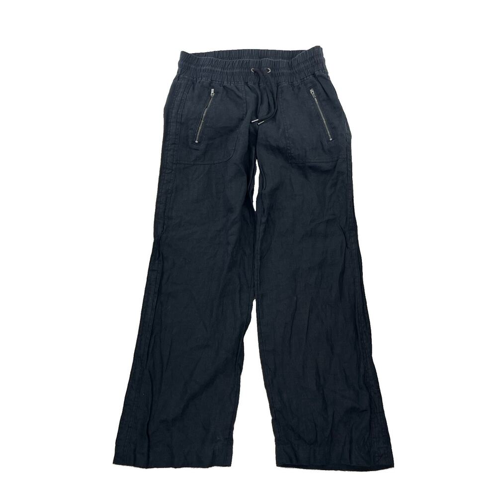 Athleta Women Pants 6 Cabo Linen Wide Leg Pant Black Elastic Waist 30 Inseam 2-0